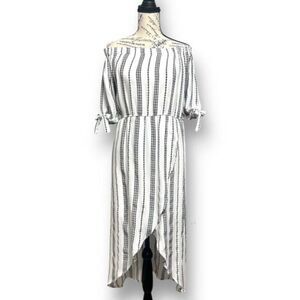 J Gee M Off Shoulder Striped Dress White Black Rayon Tie Sleeve Boho Midi Coasta